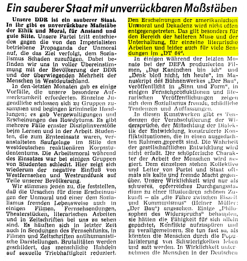 Erich Honecker, Bericht des Politbüros der SED auf dem 11. Plenum des ZK der SED am 15.12.1965; Quelle: Neues Deutschland, 16.12.1965